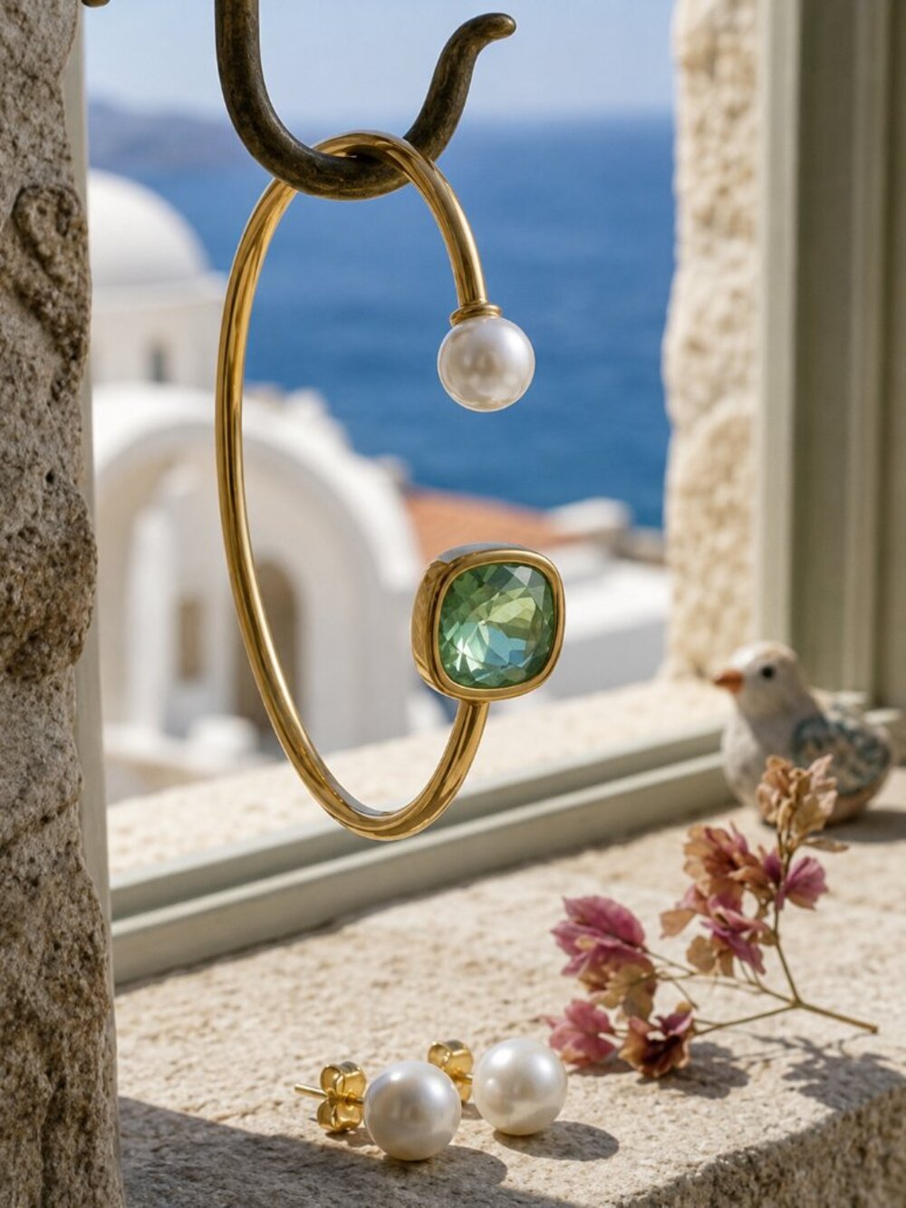 Green Crystal and Faux Pearl Open Cuff Bracelet Set Gold Plated Minimalist 2.2"